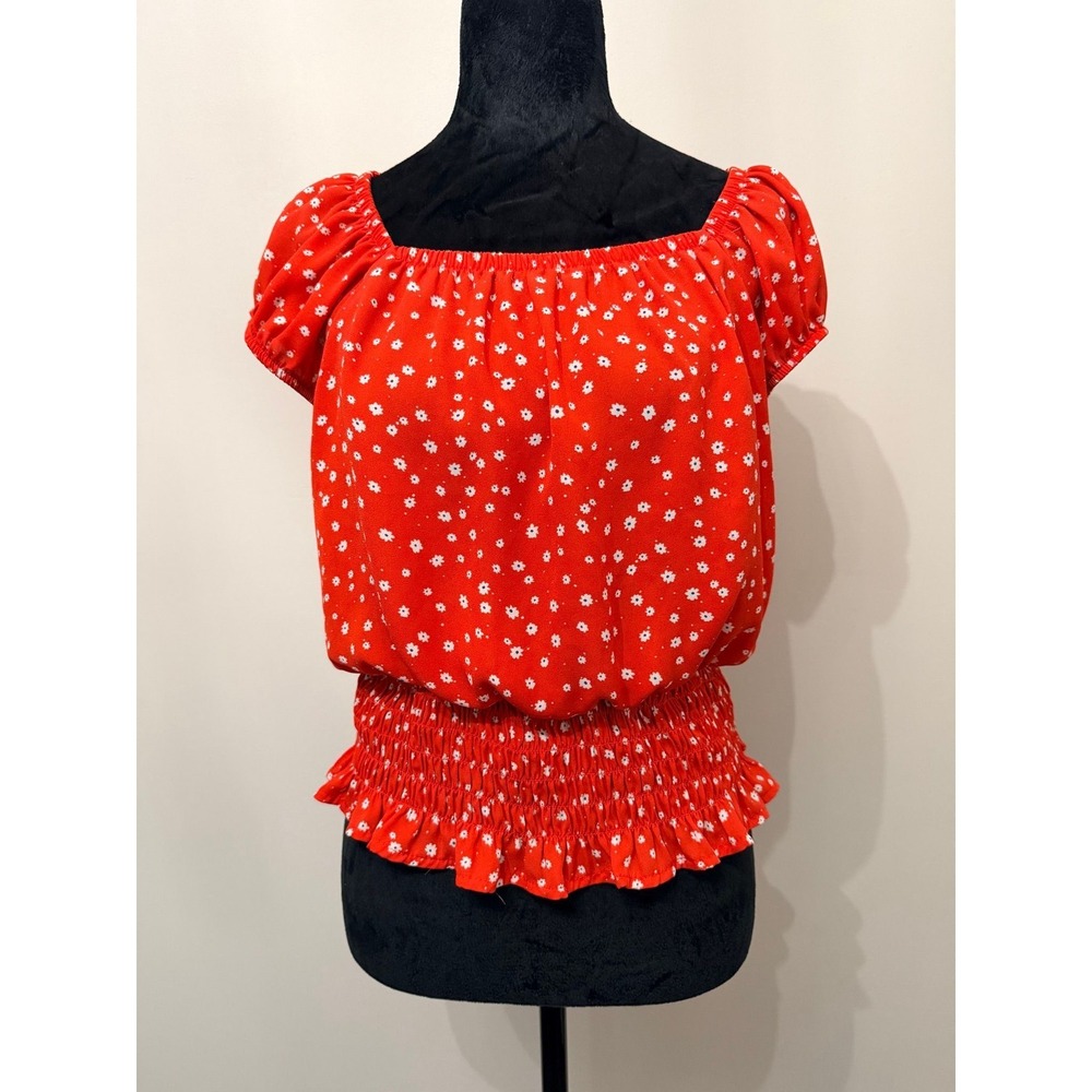 Red Floral Smocked Puff Sleeve Top - Size S